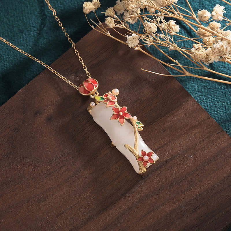 Colgante de collar de protección de la suerte con flores de loto de bambú de jade blanco con Buddha Stones - image 2