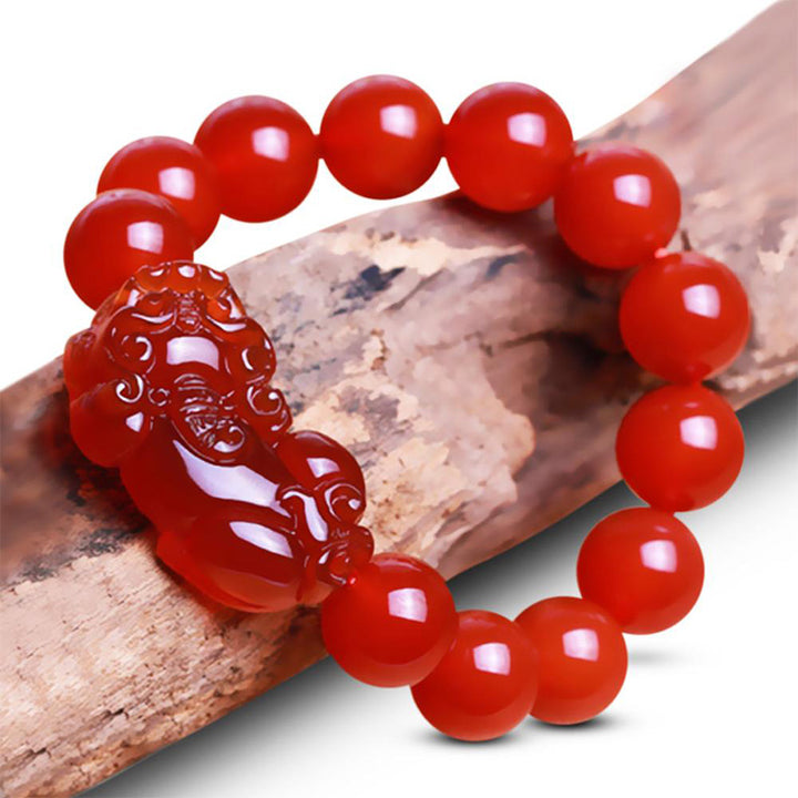 Pulsera de la suerte con Buddha Stones, ágata roja, Pixiu de la suerte