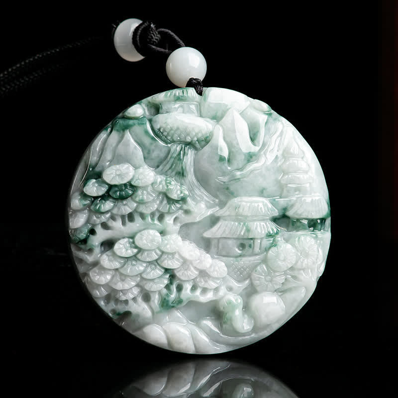 Collar de cadena de abundancia de jade con paisaje de montaña de Buddha Stones