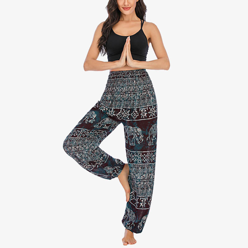 Pantalones de yoga para mujer con estampado de elefante y Buddha Stones, sueltos, informales, de cintura alta - Elefante negro - US2-8/10,UK/AU6-12/14,EU34-40/42 (F) - image 1