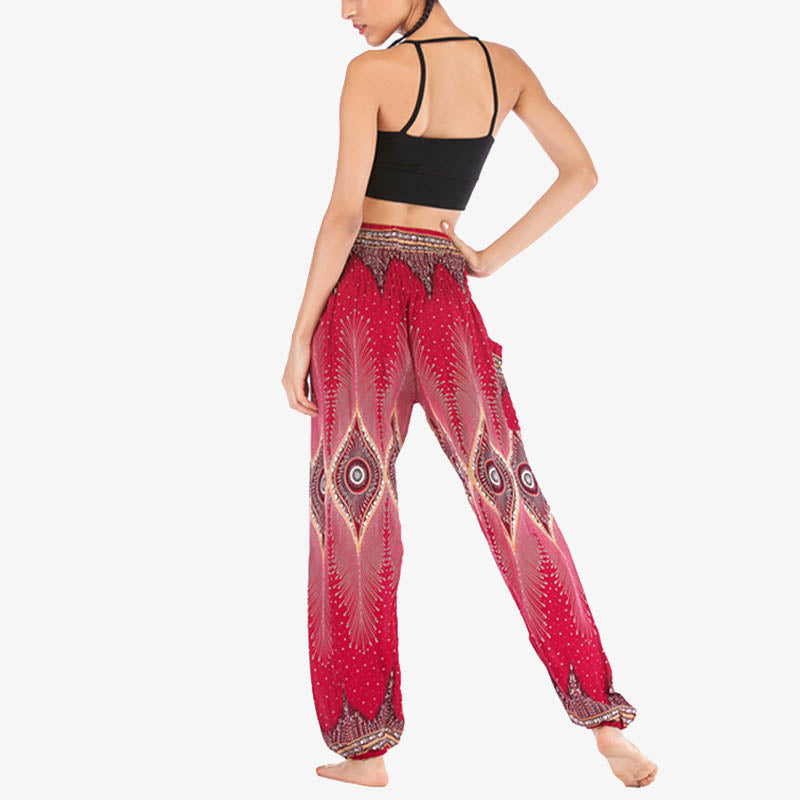 Pantalones de yoga para mujer con diseño de plumas de pavo real y ojos pequeños con Buddha Stones - image 4