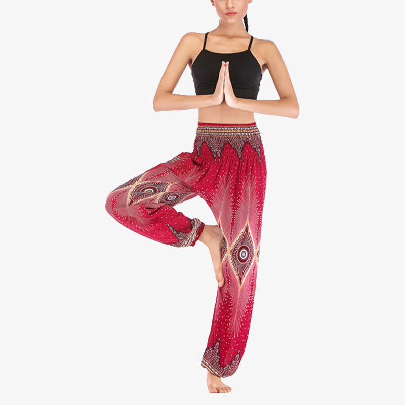 Pantalones de yoga para mujer con diseño de plumas de pavo real y ojos pequeños con Buddha Stones - image 2