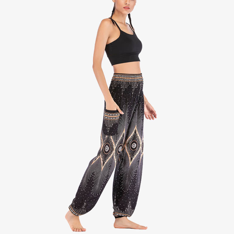 Pantalones de yoga para mujer con diseño de plumas de pavo real y ojos pequeños con Buddha Stones - image 19