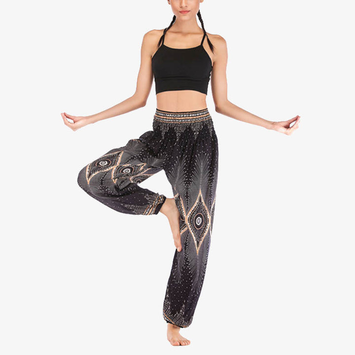 Pantalones de yoga para mujer con diseño de plumas de pavo real y ojos pequeños con Buddha Stones - image 18