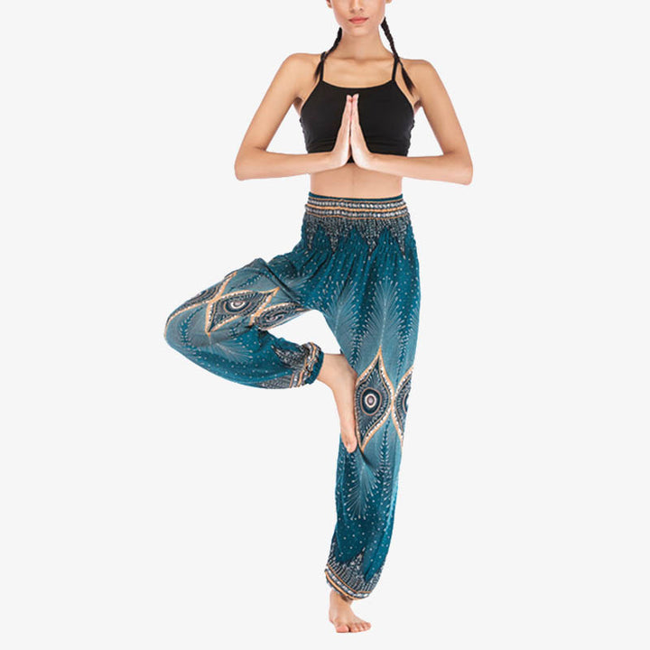 Pantalones de yoga para mujer con diseño de plumas de pavo real y ojos pequeños con Buddha Stones - image 23