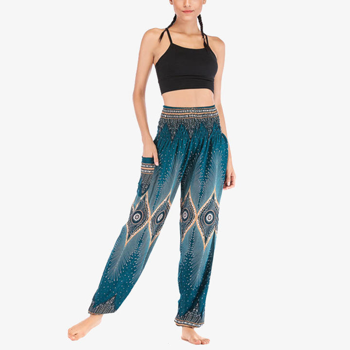 Pantalones de yoga para mujer con diseño de plumas de pavo real y ojos pequeños con Buddha Stones - image 27