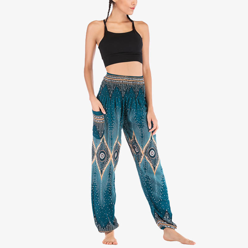 Pantalones de yoga para mujer con diseño de plumas de pavo real y ojos pequeños con Buddha Stones - image 31