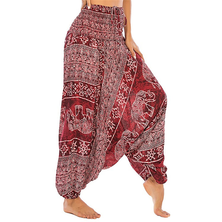 Buddha Stones de dos estilos Patrón de elefante Pantalones de harén holgados ahumados Mono Pantalones de yoga para mujer - Elefante rojo - US2-12, UK/AU6-16, EU34-44 (F) - image 0