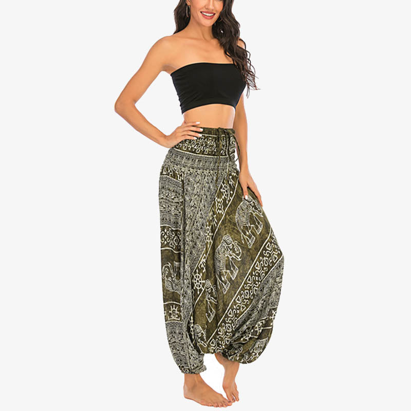 Buddha Stones de dos estilos Patrón de elefante Pantalones de harén holgados ahumados Mono Pantalones de yoga para mujer - image 14