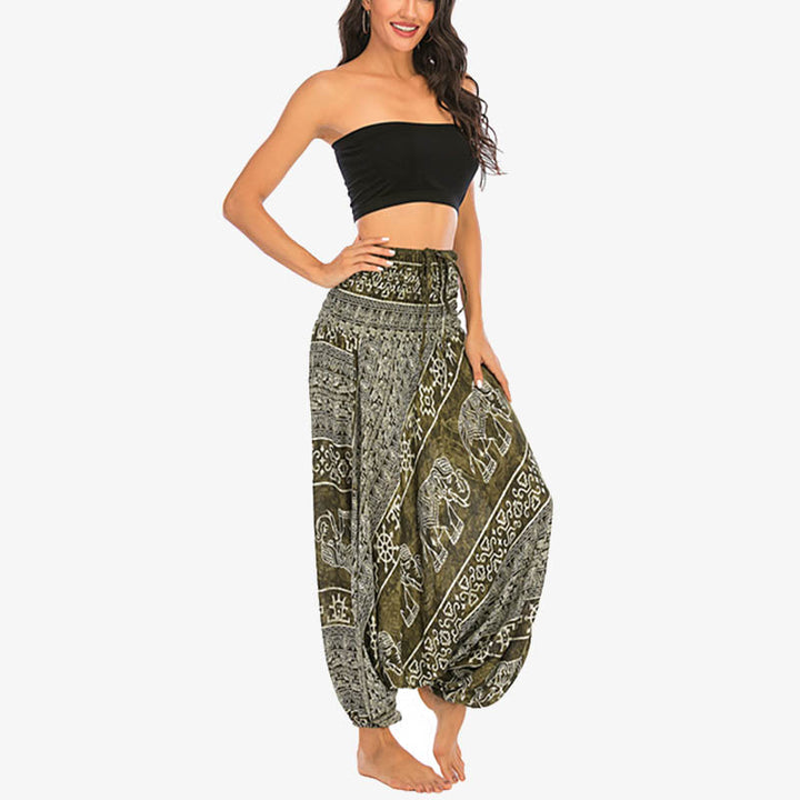 Buddha Stones de dos estilos Patrón de elefante Pantalones de harén holgados ahumados Mono Pantalones de yoga para mujer - image 14