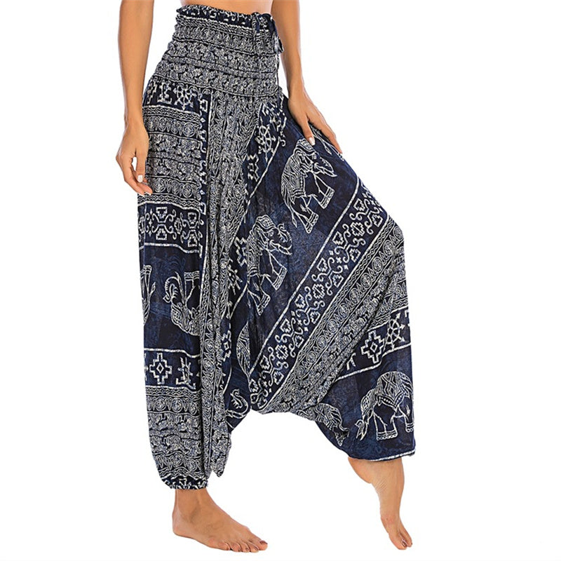 Buddha Stones de dos estilos Patrón de elefante Pantalones de harén holgados ahumados Mono Pantalones de yoga para mujer - Elefante azul - US2-12, UK/AU6-16, EU34-44 (F) - image 31