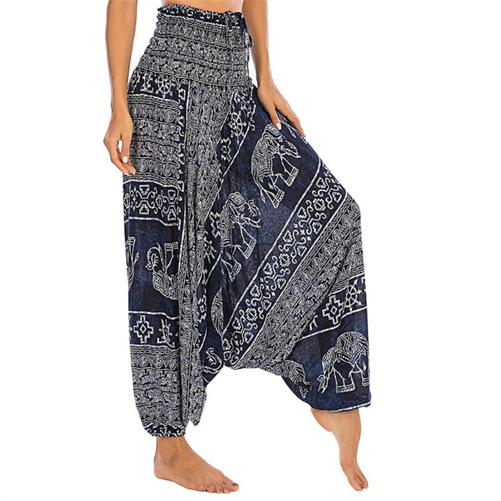 Buddha Stones de dos estilos Patrón de elefante Pantalones de harén holgados ahumados Mono Pantalones de yoga para mujer - Elefante azul - US2-12, UK/AU6-16, EU34-44 (F) - image 31