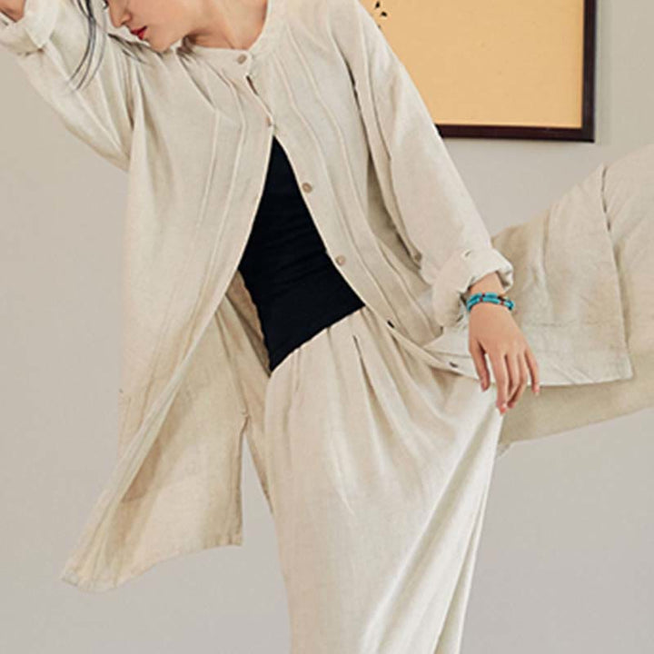 Buddha Stones, abrigo liso de manga larga, chaqueta, pantalones de pierna ancha, ropa de meditación Zen Tai Chi Yoga - Beige - Sólo abrigo - US4-12, UK/AU8-16, EU36-44 (F) - image 1