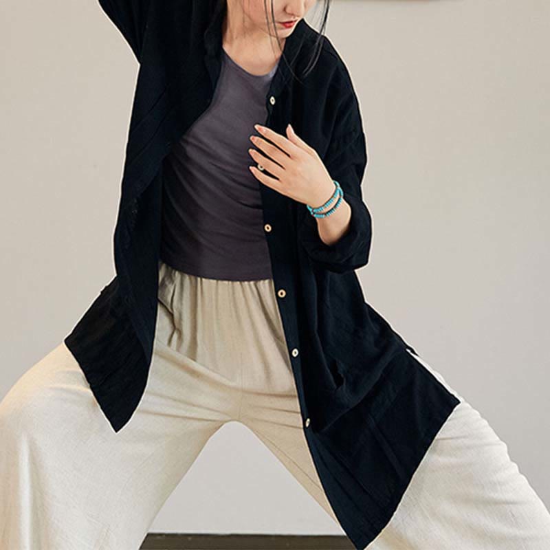 Buddha Stones, abrigo liso de manga larga, chaqueta, pantalones de pierna ancha, ropa de meditación Zen Tai Chi Yoga - Negro - Sólo abrigo - US4-12, UK/AU8-16, EU36-44 (F) - image 9