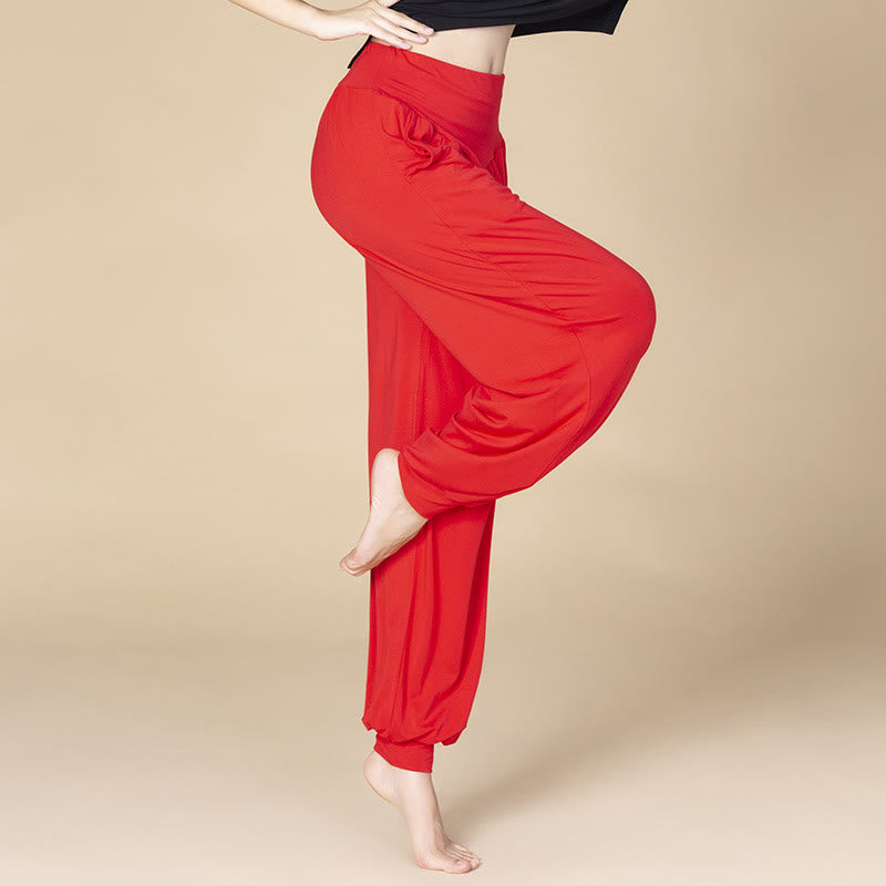 Pantalones bombachos de cintura alta para danza y yoga modal de color liso con Buddha Stones y bolsillos - Rojo - US14, UK/AU18, EU46 (3XL) - image 4