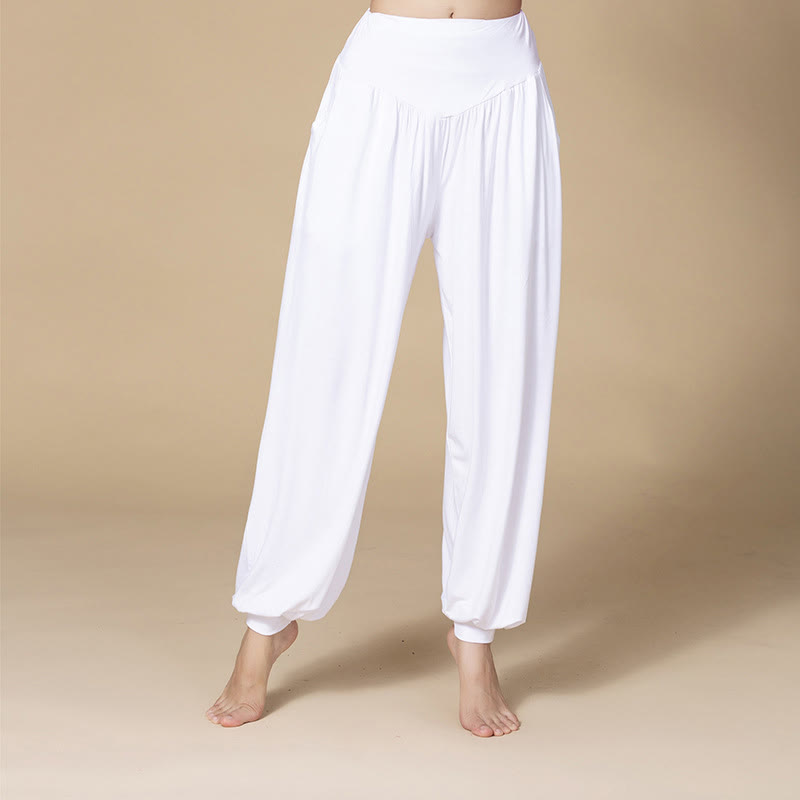 Pantalones bombachos de cintura alta para danza y yoga modal de color liso con Buddha Stones y bolsillos - Blanco - US14, UK/AU18, EU46 (3XL) - image 2