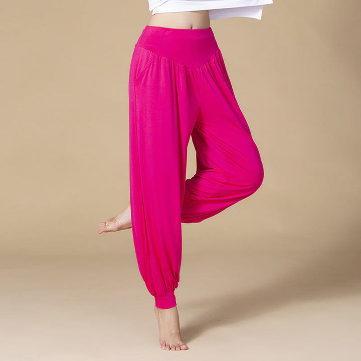 Pantalones bombachos de cintura alta para danza y yoga modal de color liso con Buddha Stones y bolsillos - Rosa roja - US14, UK/AU18, EU46 (3XL) - image 15