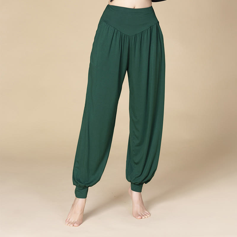 Pantalones bombachos de cintura alta para danza y yoga modal de color liso con Buddha Stones y bolsillos - Verde oscuro - US14, UK/AU18, EU46 (3XL) - image 12