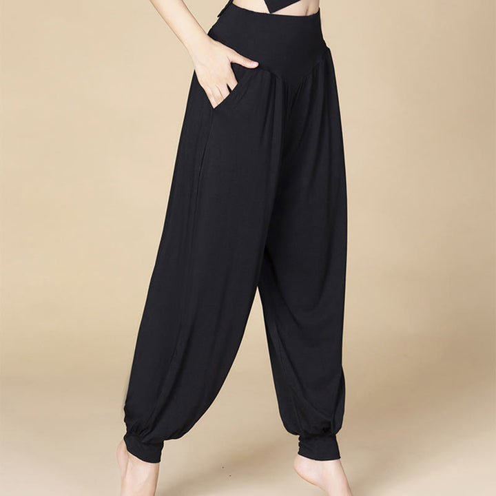 Pantalones bombachos de cintura alta para danza y yoga modal de color liso con Buddha Stones y bolsillos - image 8