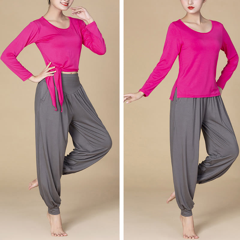 Pantalones bombachos de cintura alta para danza y yoga modal de color liso con Buddha Stones y bolsillos - image 23