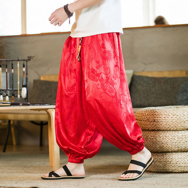 Pantalones bombachos holgados con estampado de dragón y Buddha Stones para hombre con bolsillos