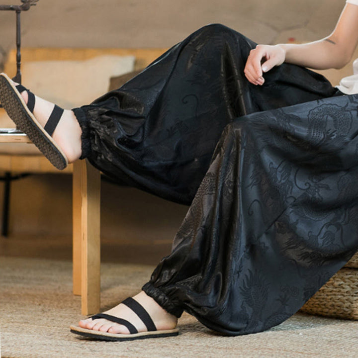 Pantalones bombachos holgados con estampado de dragón y Buddha Stones para hombre con bolsillos