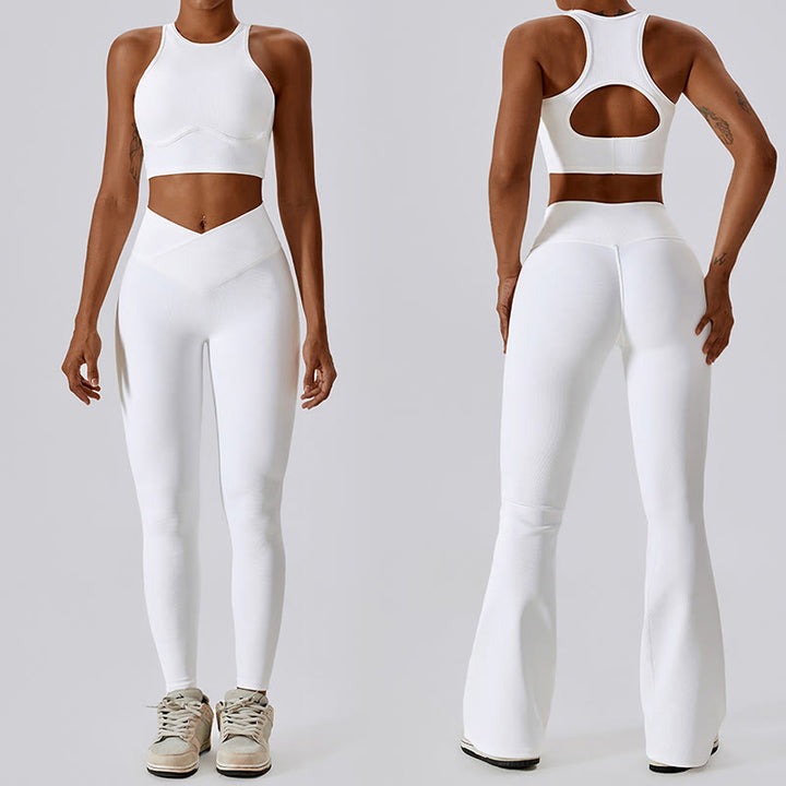 Top corto sin mangas con Buddha Stones y pantalones acampanados para deportes, fitness y yoga