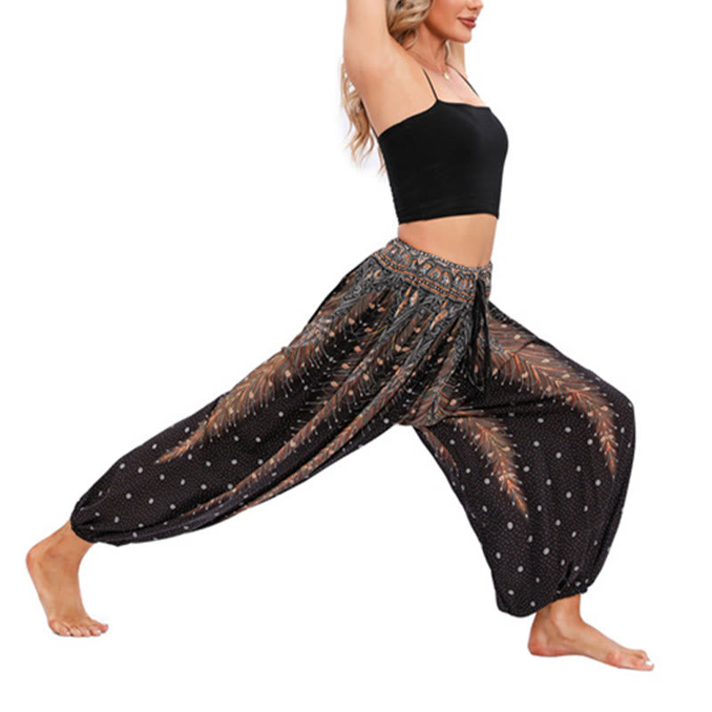 Pantalones de yoga para mujer con diseño de plumas de pavo real y piedras de Buddha Stones