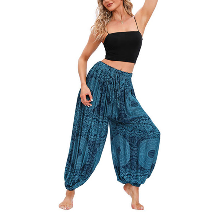 Pantalones de yoga para mujer con estampado de rosas redondas sueltas informales con Buddha Stones