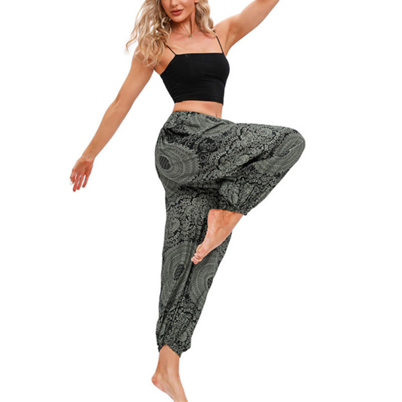 Pantalones de yoga para mujer con estampado de rosas redondas sueltas informales con Buddha Stones