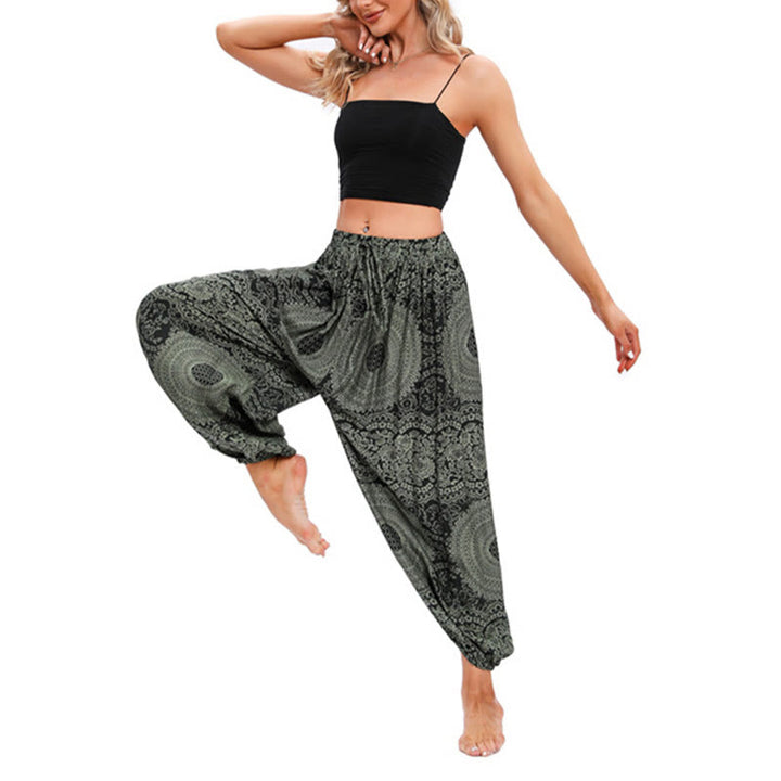 Pantalones de yoga para mujer con estampado de rosas redondas sueltas informales con Buddha Stones