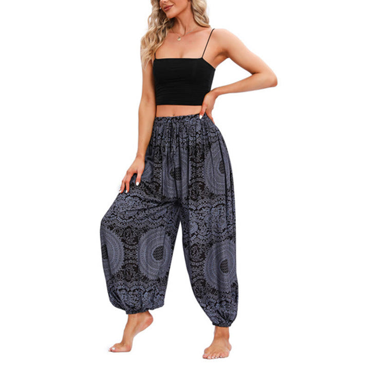 Pantalones de yoga para mujer con estampado de rosas redondas sueltas informales con Buddha Stones