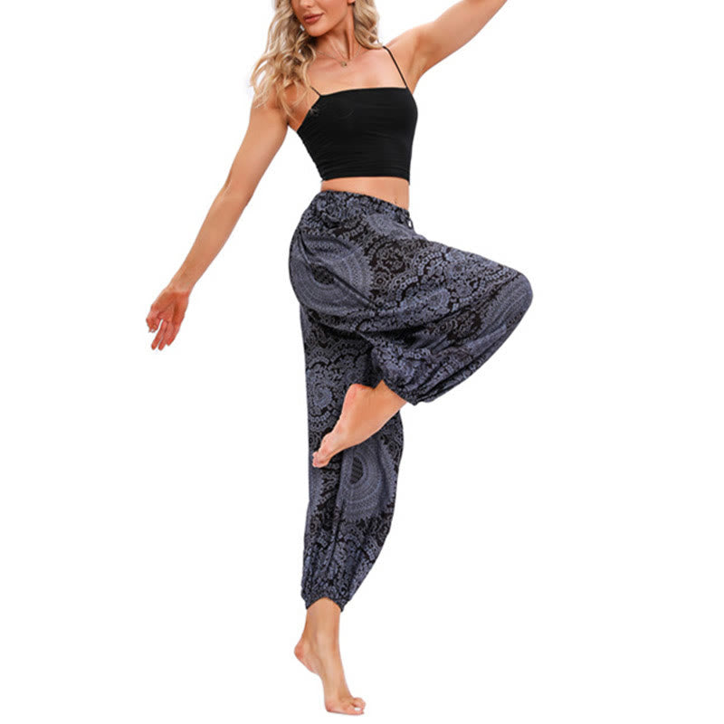 Pantalones de yoga para mujer con estampado de rosas redondas sueltas informales con Buddha Stones