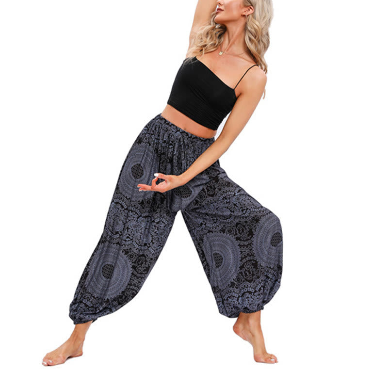 Pantalones de yoga para mujer con estampado de rosas redondas sueltas informales con Buddha Stones