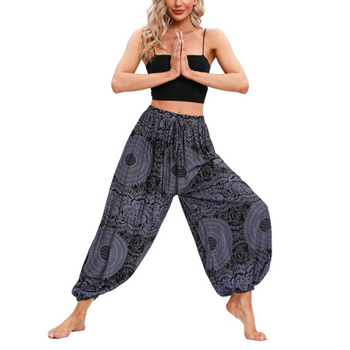 Pantalones de yoga para mujer con estampado de rosas redondas sueltas informales con Buddha Stones
