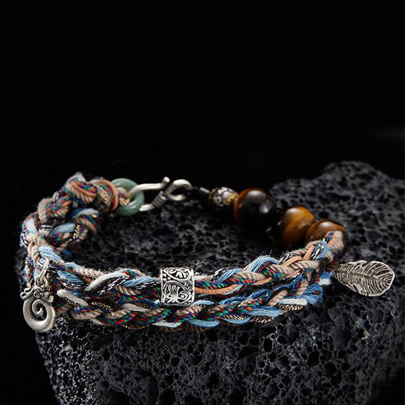 Pulsera de fuerza de voluntad hecha a mano con cuerda de algodón colorida y ojo de tigre de plata de ley 925 con Buddha Stones