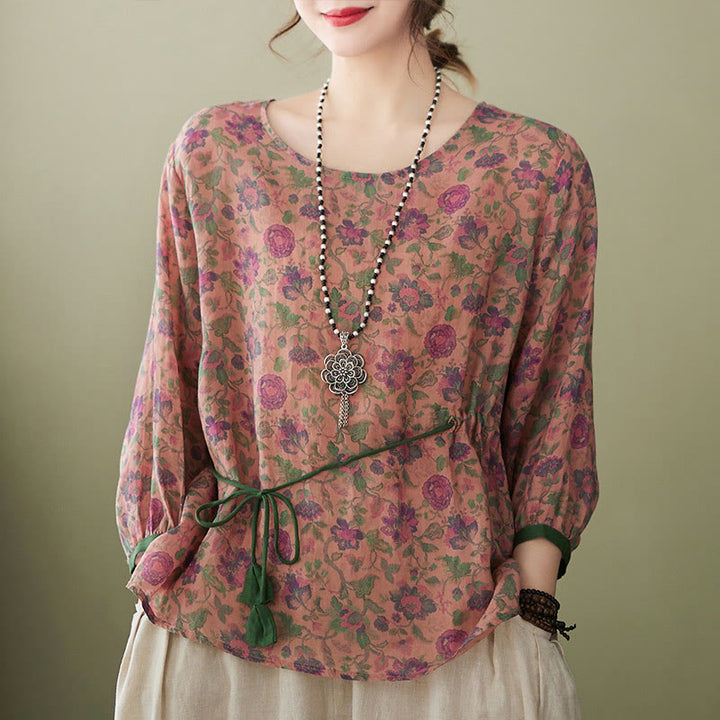 Buddha Stones - Conjunto de 2 piezas de camiseta con flores pequeñas, pantalones harén de lino y algodón