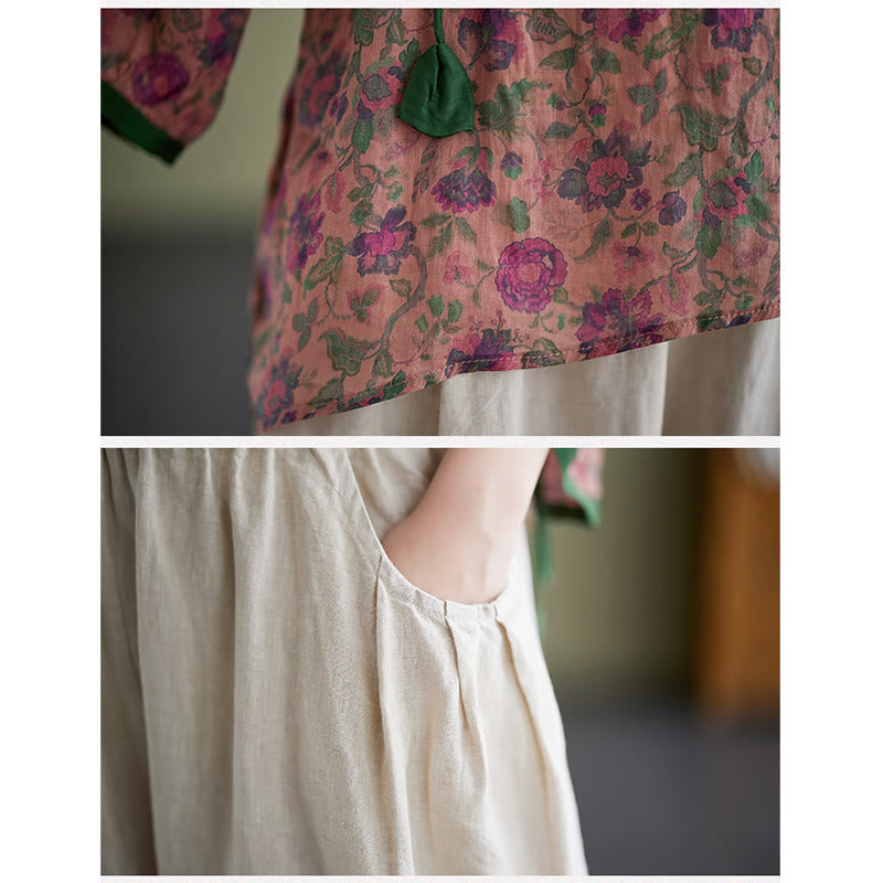 Buddha Stones - Conjunto de 2 piezas de camiseta con flores pequeñas, pantalones harén de lino y algodón