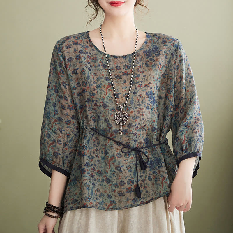 Buddha Stones - Conjunto de 2 piezas de camiseta con flores pequeñas, pantalones harén de lino y algodón