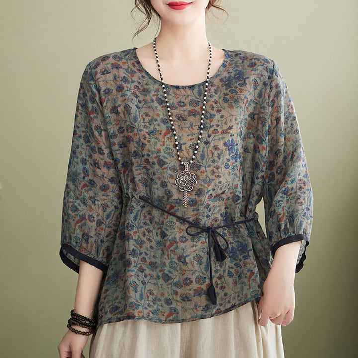 Buddha Stones - Conjunto de 2 piezas de camiseta con flores pequeñas, pantalones harén de lino y algodón