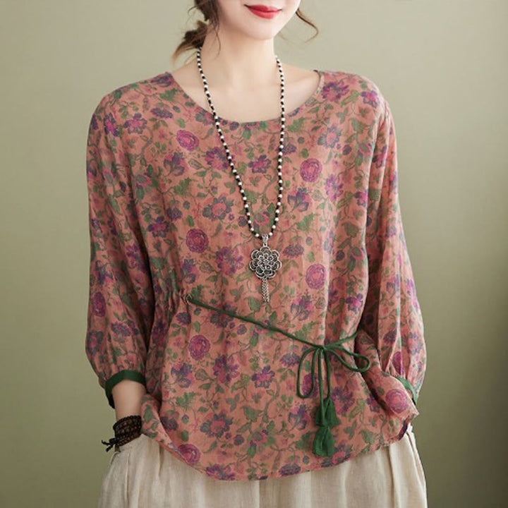 Buddha Stones - Conjunto de 2 piezas de camiseta con flores pequeñas, pantalones harén de lino y algodón