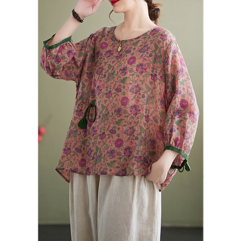 Buddha Stones - Conjunto de 2 piezas de camiseta con flores pequeñas, pantalones harén de lino y algodón