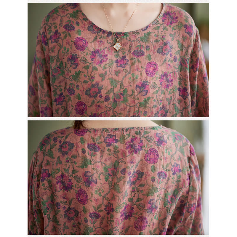 Buddha Stones - Conjunto de 2 piezas de camiseta con flores pequeñas, pantalones harén de lino y algodón