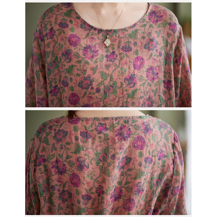 Buddha Stones - Conjunto de 2 piezas de camiseta con flores pequeñas, pantalones harén de lino y algodón