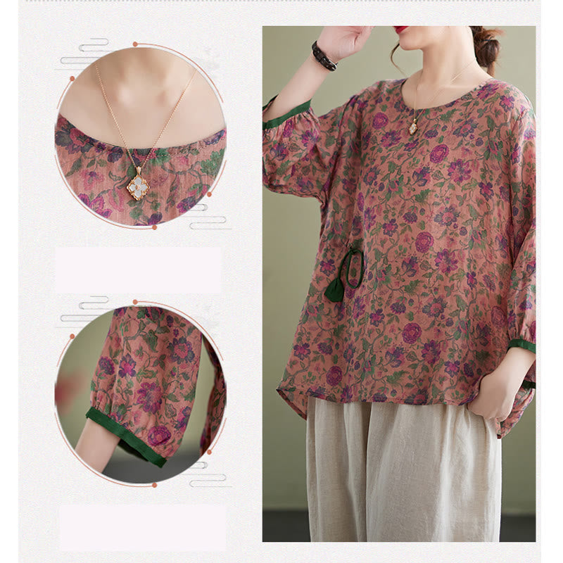 Buddha Stones - Conjunto de 2 piezas de camiseta con flores pequeñas, pantalones harén de lino y algodón