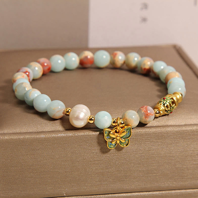 Pulsera de riqueza con piedras de Buda, piedra Shoushan, perla y mariposa