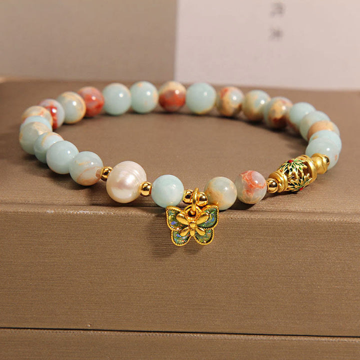 Pulsera de riqueza con piedras de Buda, piedra Shoushan, perla y mariposa