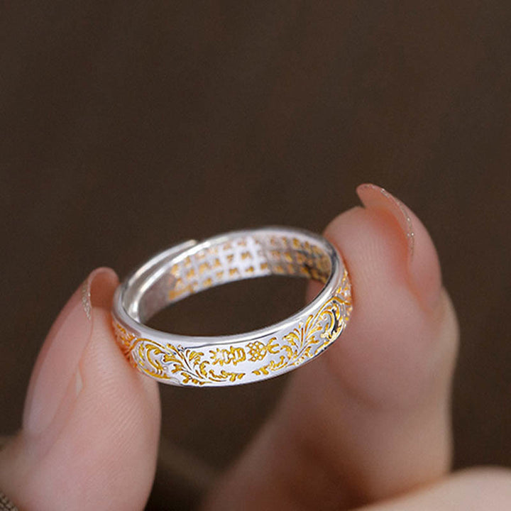 Buddha Stones Anillo Ajustable de Suerte de Cobre con Diseño de Flor de la Dinastía Tang Sutra del Corazón de Loto Tallado de Paz y Alegría
