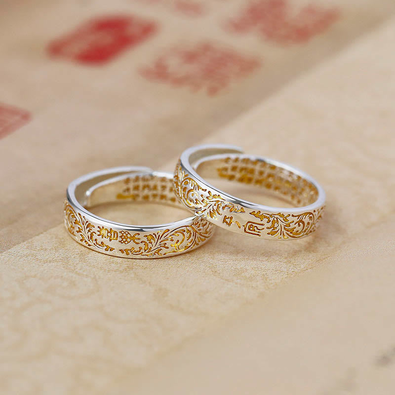 Buddha Stones Anillo Ajustable de Suerte de Cobre con Diseño de Flor de la Dinastía Tang Sutra del Corazón de Loto Tallado de Paz y Alegría