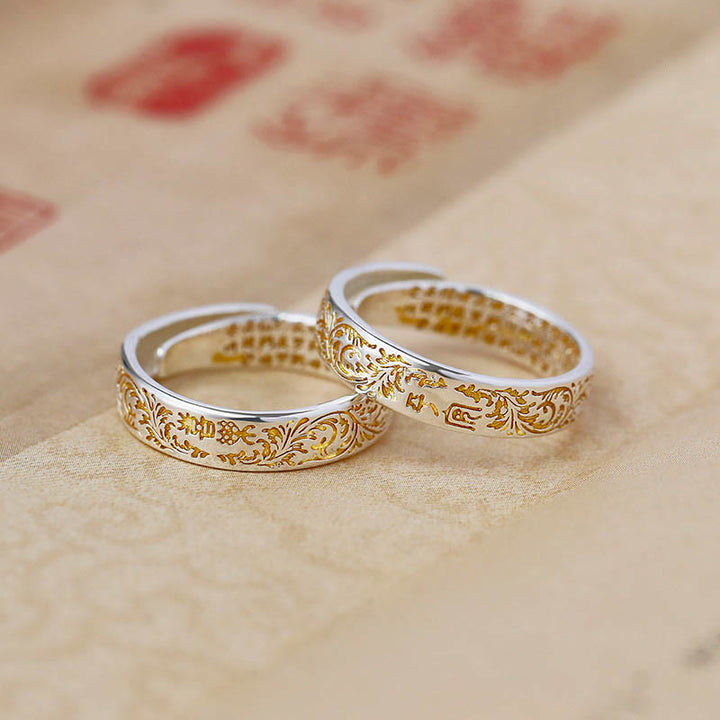 Buddha Stones Anillo Ajustable de Suerte de Cobre con Diseño de Flor de la Dinastía Tang Sutra del Corazón de Loto Tallado de Paz y Alegría